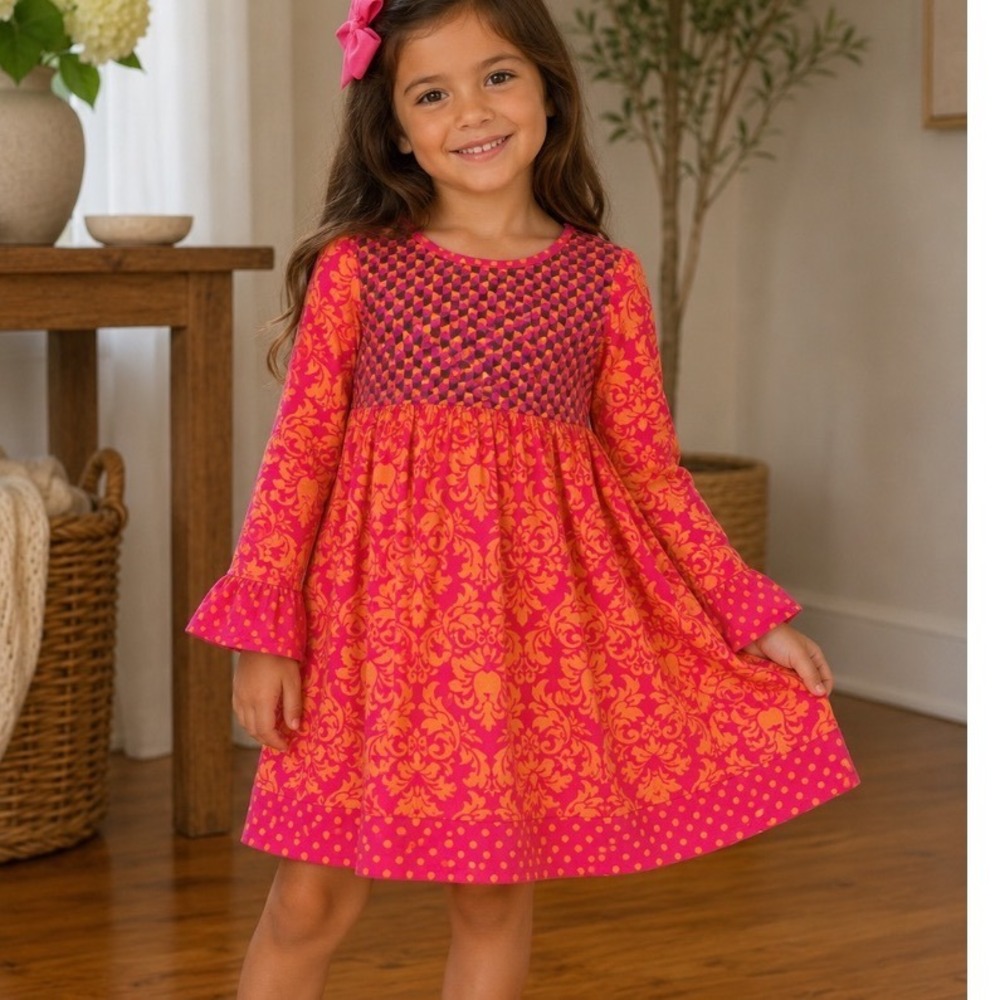 CWD Kids Girls‎ Pink Orange Damask Geometric Long Sleeve Ruffle Dress s 5